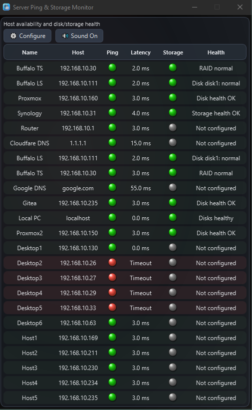 Server Ping & Storage Monitor main window showing hosts, ping latency, storage status, and health status